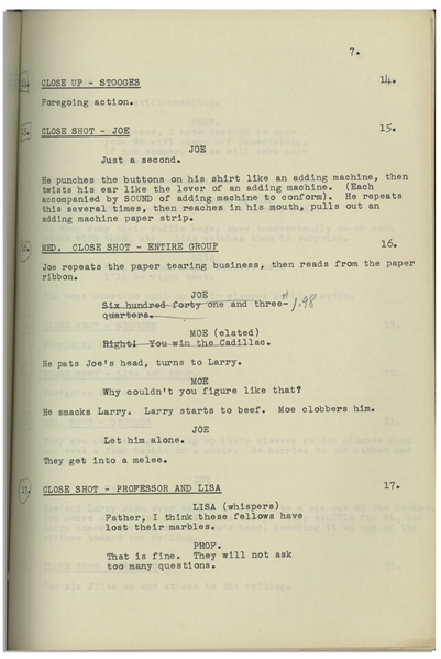 Moe Howard's 24pp. Script Dated August 1956 for The Three Stooges Film ''Space Ship Sappy'' -- With Moe's Annotations & Signatures & Additional 12pp. Script Changes, Shot List & Schedule -- Very Good